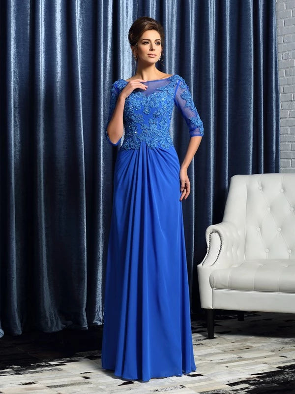 Chiffon Bateau Short Sleeves Floor-Length With Beading Mother of the Bride Dresses
