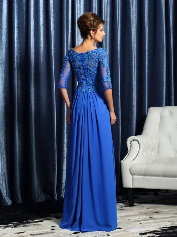Chiffon Bateau Short Sleeves Floor-Length With Beading Mother of the Bride Dresses
