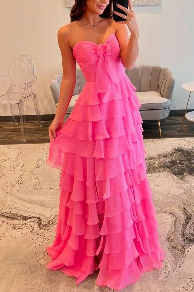 Chiffon Fuchsia Sweetheart Tiered Ruffles with Slit Long Floor Length Evening Dress Party Dresses Prom Dress