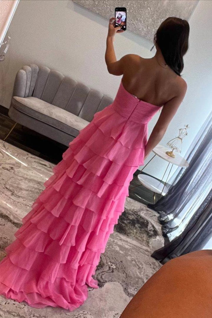Chiffon Fuchsia Sweetheart Tiered Ruffles with Slit Long Floor Length Evening Dress Party Dresses Prom Dress
