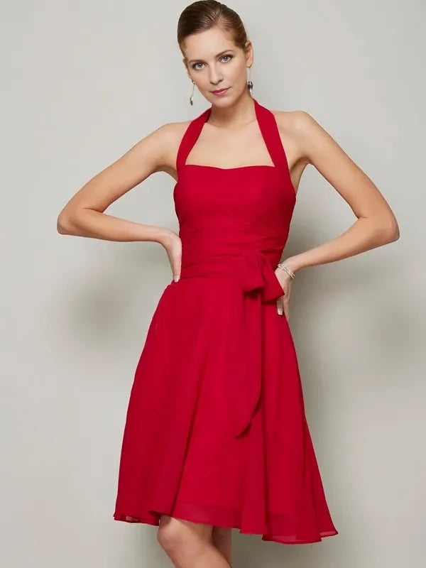 Chiffon Halter Sleeveless Knee-Length With Bowknot Party Dresses