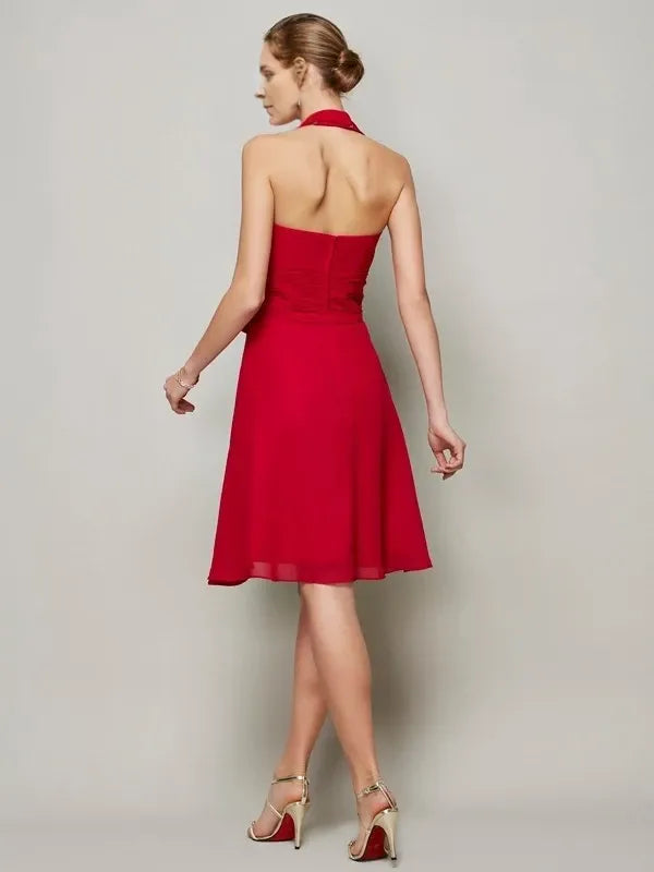 Chiffon Halter Sleeveless Knee-Length With Bowknot Party Dresses
