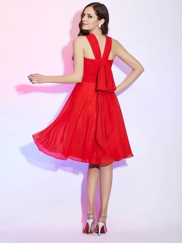 Chiffon Halter Sleeveless Knee-Length With Pleats Party Dresses