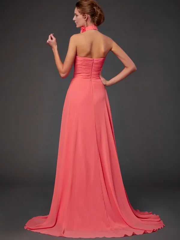 Chiffon Halter Sleeveless Sweep Train With Hand-Made Flower Party Dresses