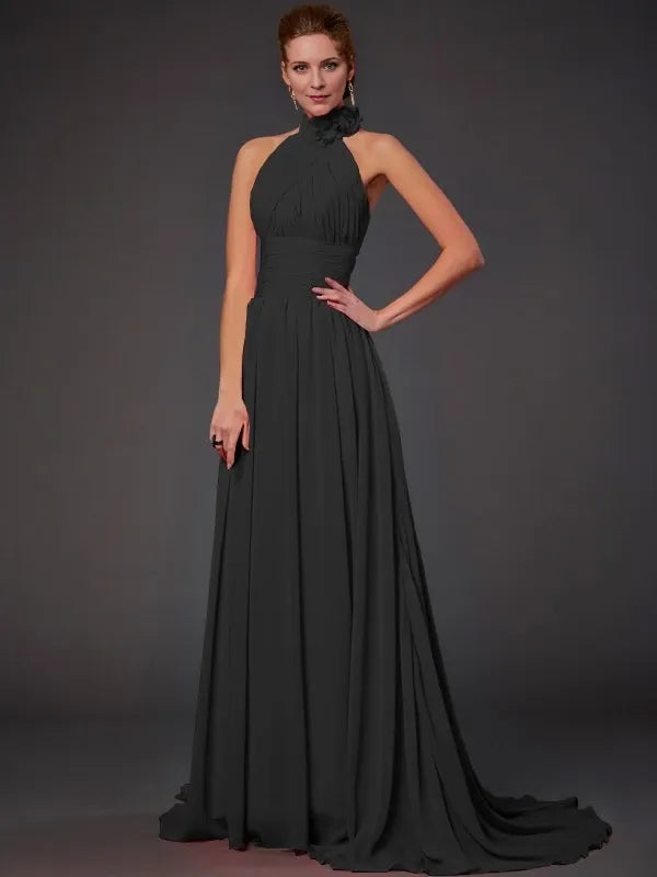 Chiffon Halter Sleeveless black Sweep Train With Hand-Made Flower Party Dresses
