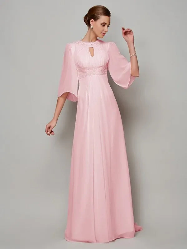 Chiffon High Neck Short Sleeves Court Train With Beading Mother of the Bride Dresses