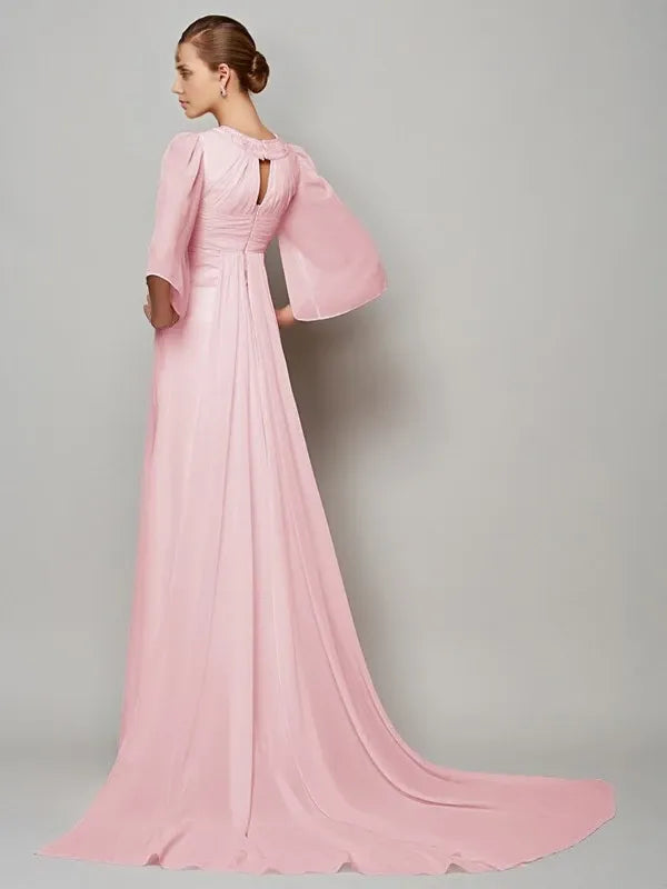 Chiffon High Neck Short Sleeves Court Train With Beading Mother of the Bride Dresses