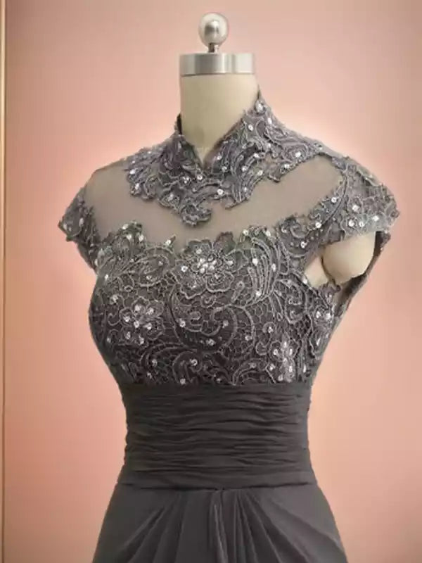 Chiffon Lace Sheath High Neck Short Sleeves Sweep Brush Train Mother of the Bride Dresses