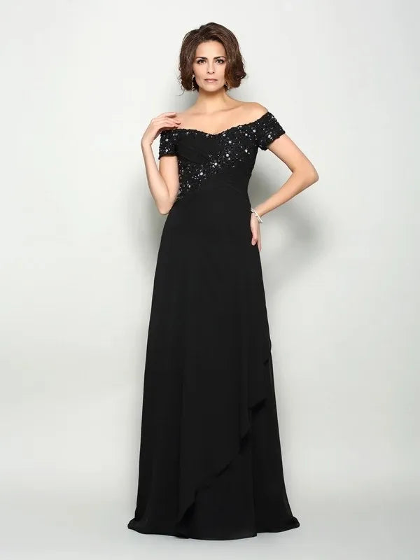 Chiffon Off-the-Shoulder Short Sleeves A-Line Sweep Train With Beading Mother of the Bride Dresses
