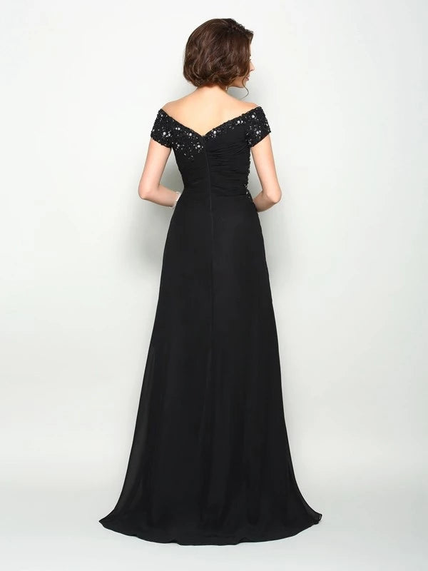 Chiffon Off-the-Shoulder Short Sleeves A-Line Sweep Train With Beading Mother of the Bride Dresses