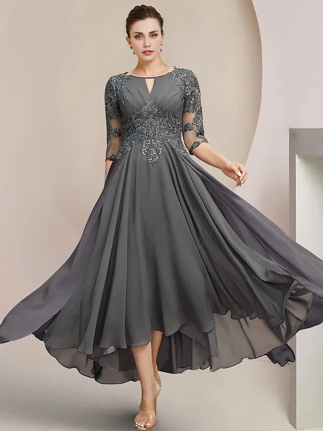 Chiffon Princess Half Sleeves Applique Charcoal Gray Scoop Tea-Length Mother of the Bride Dresses