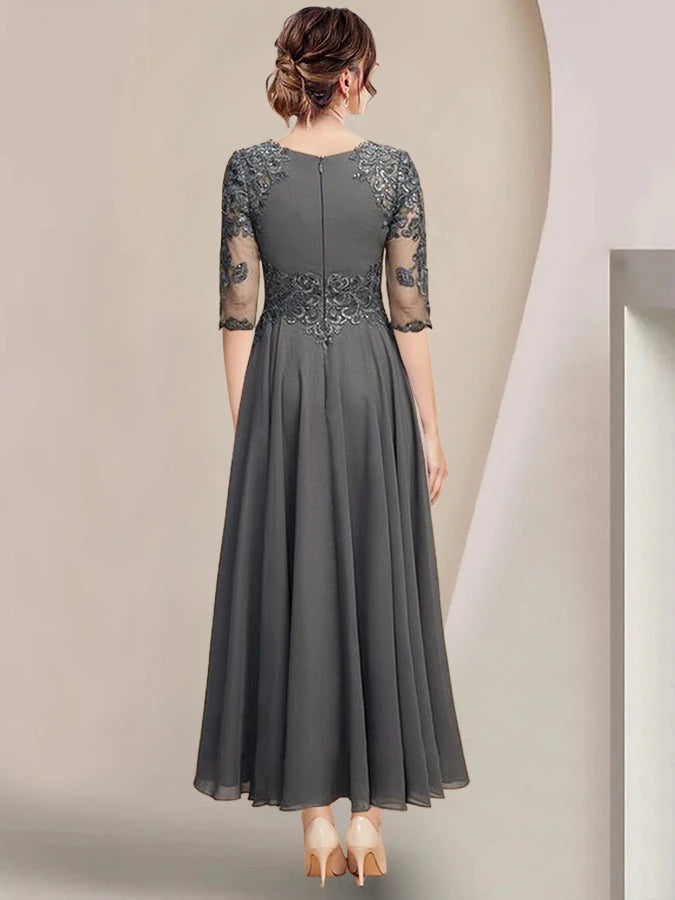 Chiffon Princess Half Sleeves Applique Charcoal Gray Scoop Tea-Length Mother of the Bride Dresses
