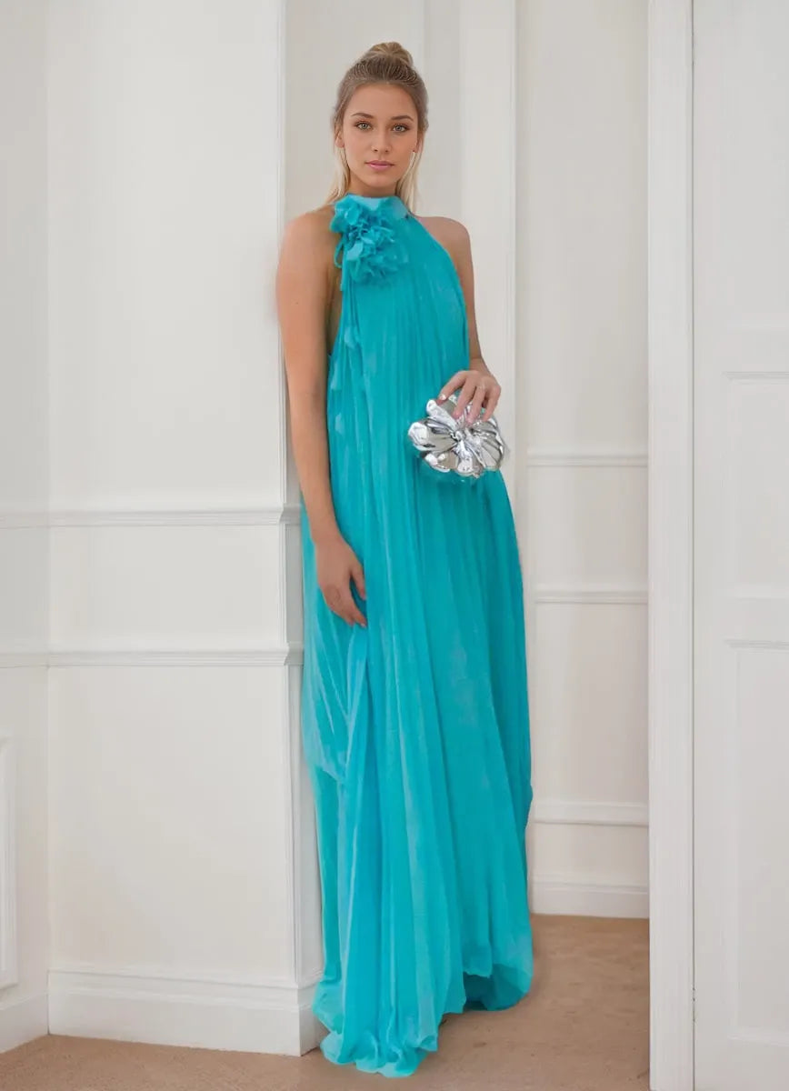 Chiffon Princess Halter Neck Sleeveless with Flower Ruffles Prom Dresses