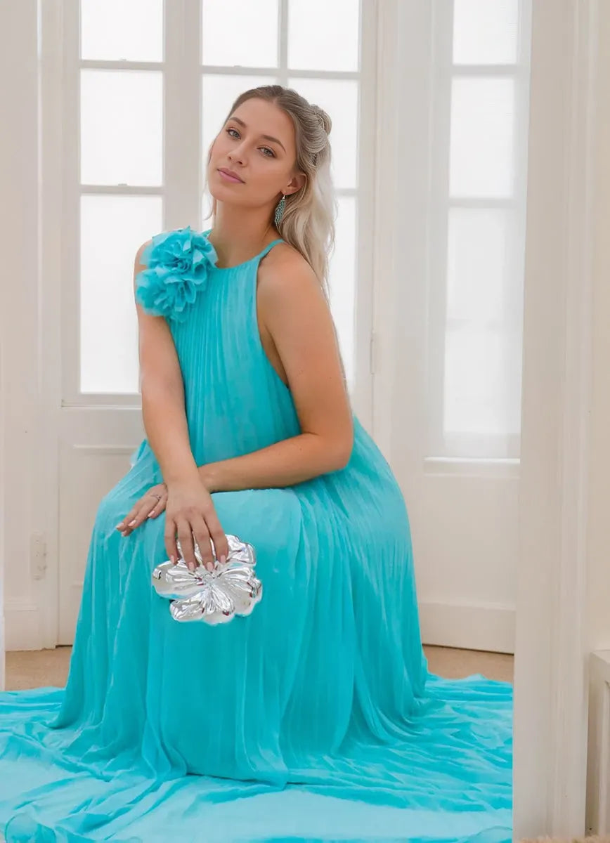 Chiffon Princess Halter Neck Sleeveless with Flower Ruffles Prom Dresses