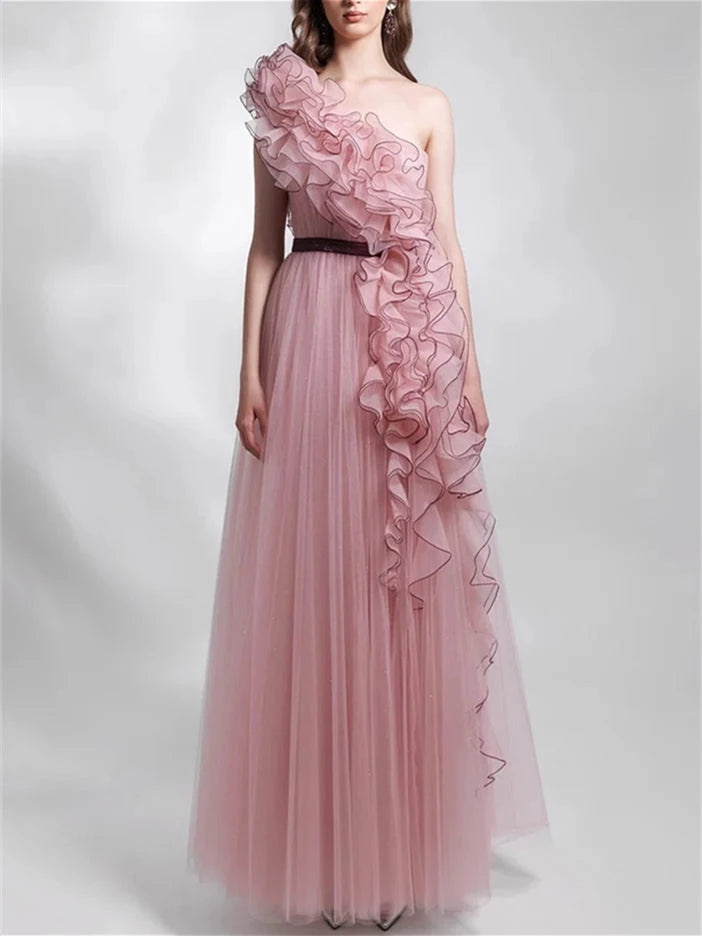 Chiffon Princess Sleeveless One Shoulder Ruffled Mesh Evening Dresses