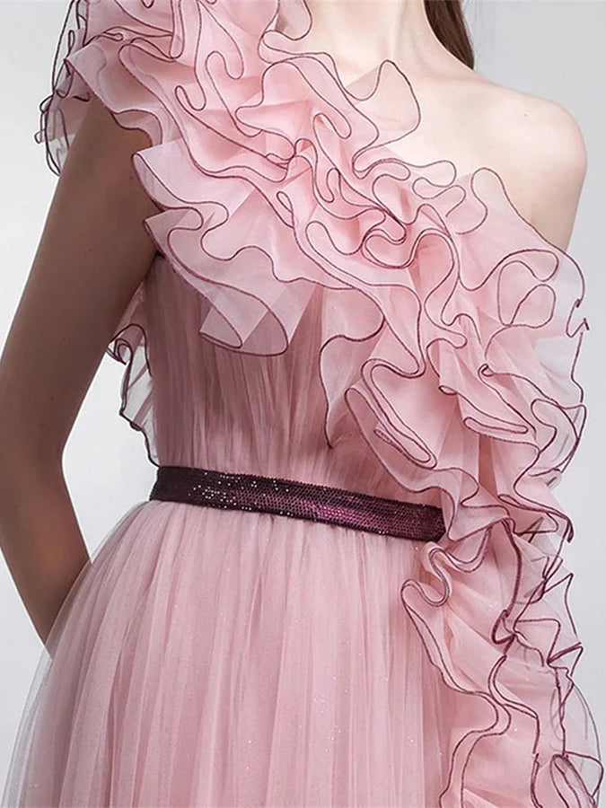 Chiffon Princess Sleeveless One Shoulder Ruffled Mesh Evening Dresses