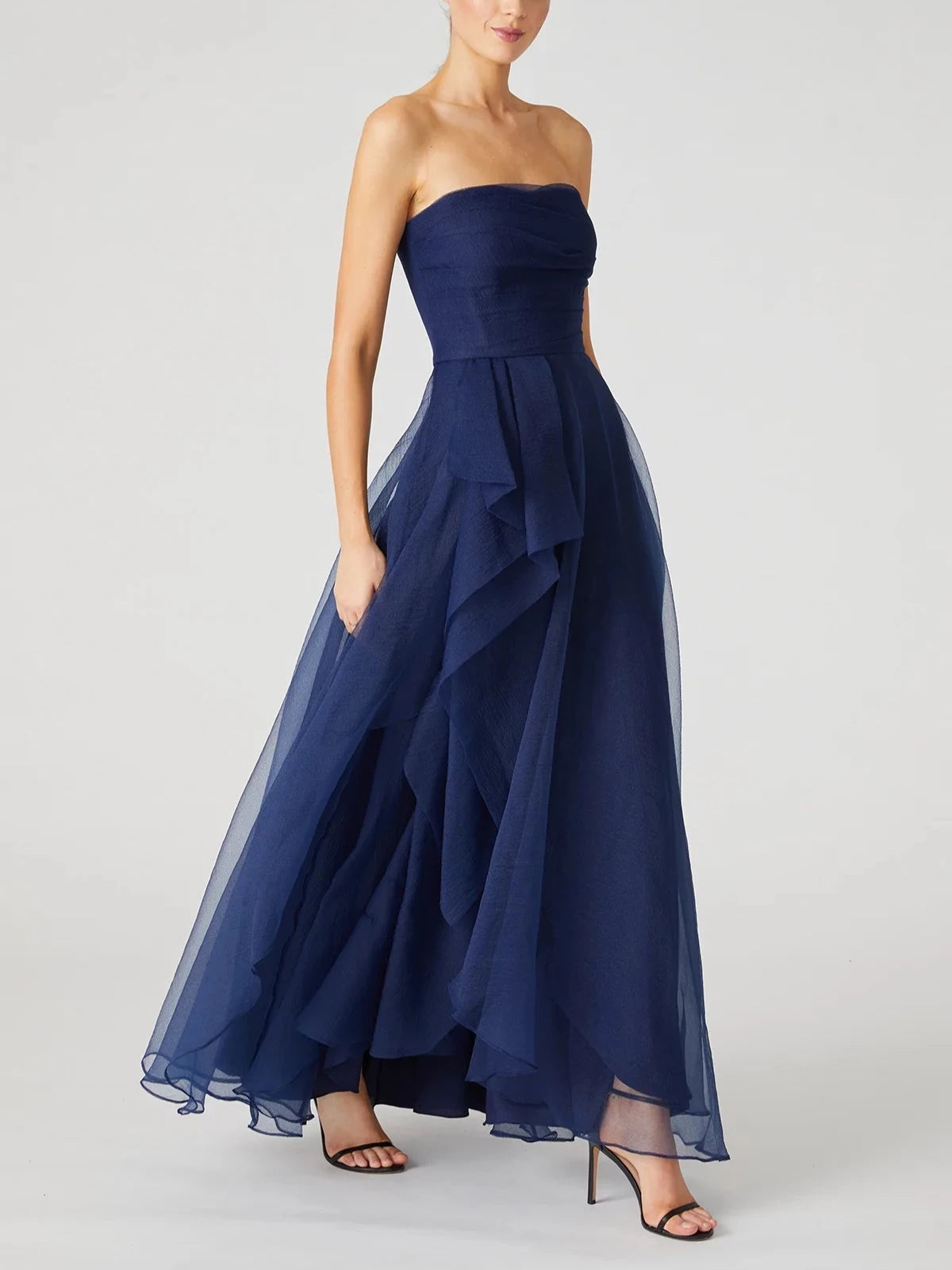Chiffon Princess Strapless Sleeveless Ankle-Length with Ruffles Prom Dress Evening Dress