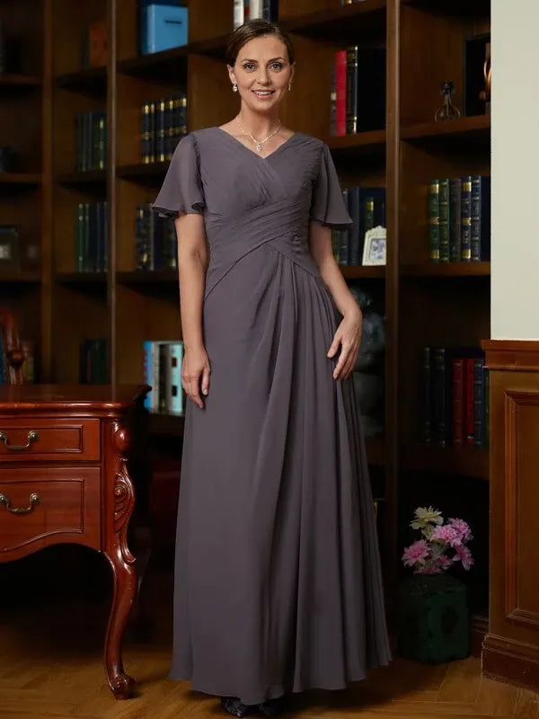 Chiffon Ruched V-neck Short Sleeves A-Line Floor-Length Mother of the Bride Dresses