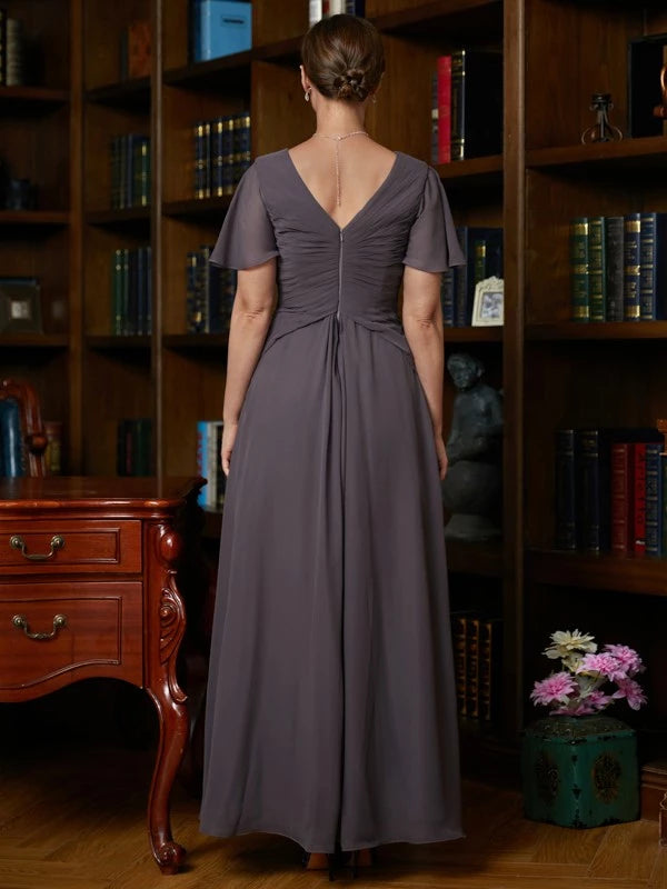 Chiffon Ruched V-neck Short Sleeves A-Line Floor-Length Mother of the Bride Dresses