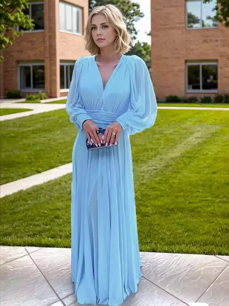 Chiffon Ruffles A-Line V-neck Long Sleeves Floor-Length Mother of the Bride Dresses