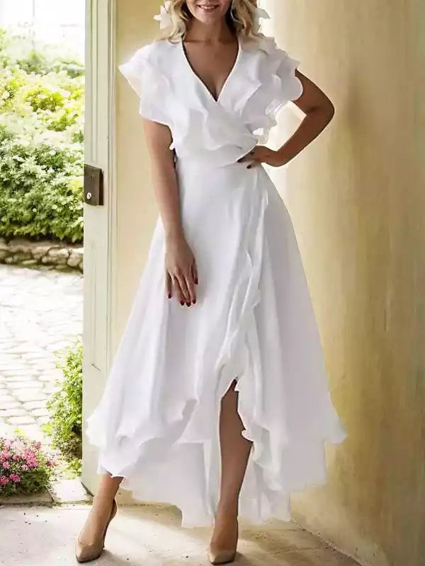 Chiffon Ruffles A-Line V-neck Sleeveless Asymmetrical Mother of the Bride Dresses