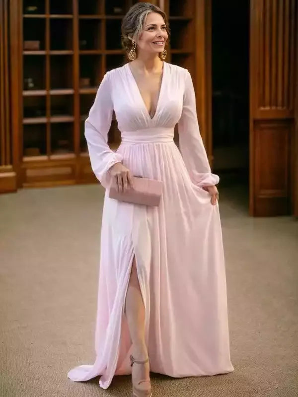 Chiffon Ruffles V-neck A-Line Long Sleeves Sweep/Brush Train Mother of the Bride Dresses