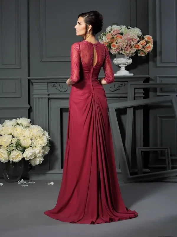 Chiffon Scoop A-Line short Sleeves Sweep Train With Applique Mother of the Bride Dresses