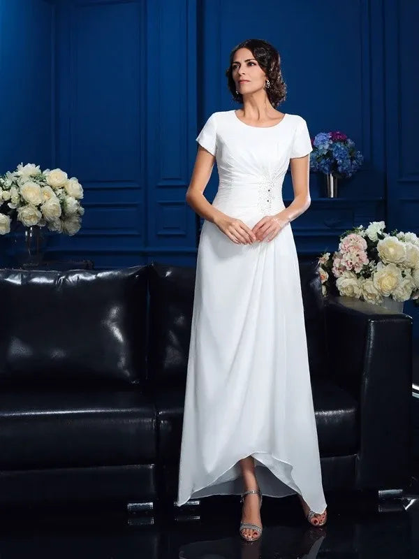 Chiffon Scoop Short Sleeves A-Line Asymmetrical With Ruched Mother of the Bride Dresses