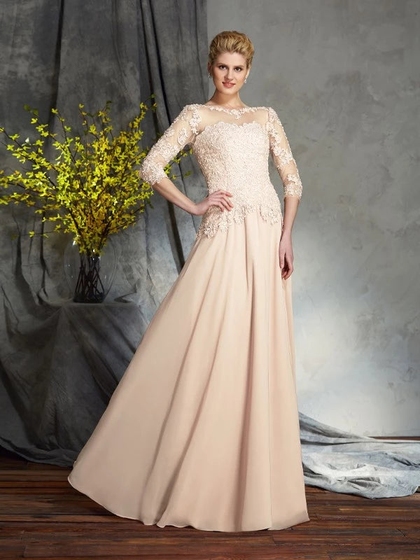 Chiffon Scoop Short Sleeves Floor-Length With Applique Mother of the Bride Dresses