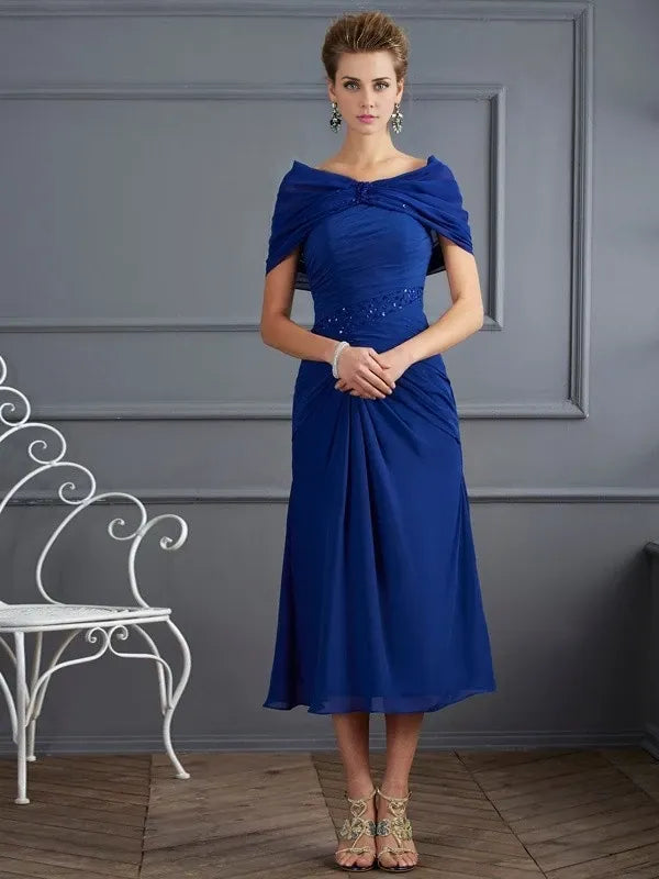 Chiffon Scoop Short Sleeves Sheath Short With Beading Mother of the Bride Dresses