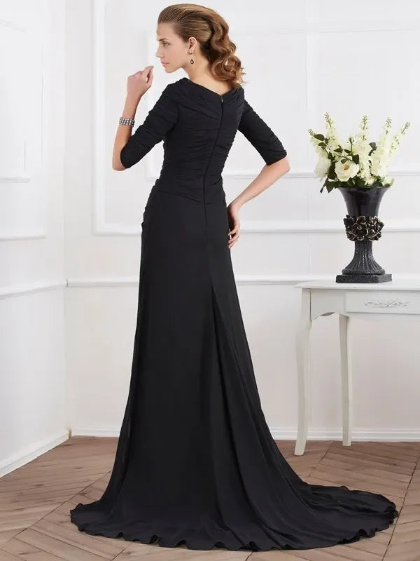 Chiffon Scoop Short Sleeves Sweep/Brush Train With Pleats Mother of the Bride Dresses