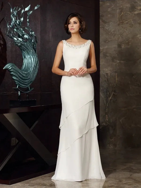 Chiffon Scoop Sleeveless Sheath Floor-Length With Beading Mother of the Bride Dresses
