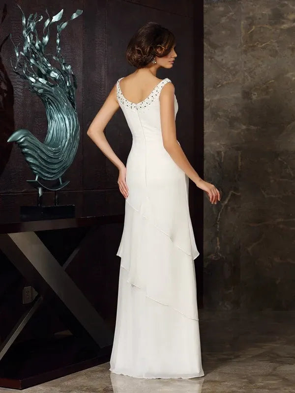 Chiffon Scoop Sleeveless Sheath Floor-Length With Beading Mother of the Bride Dresses