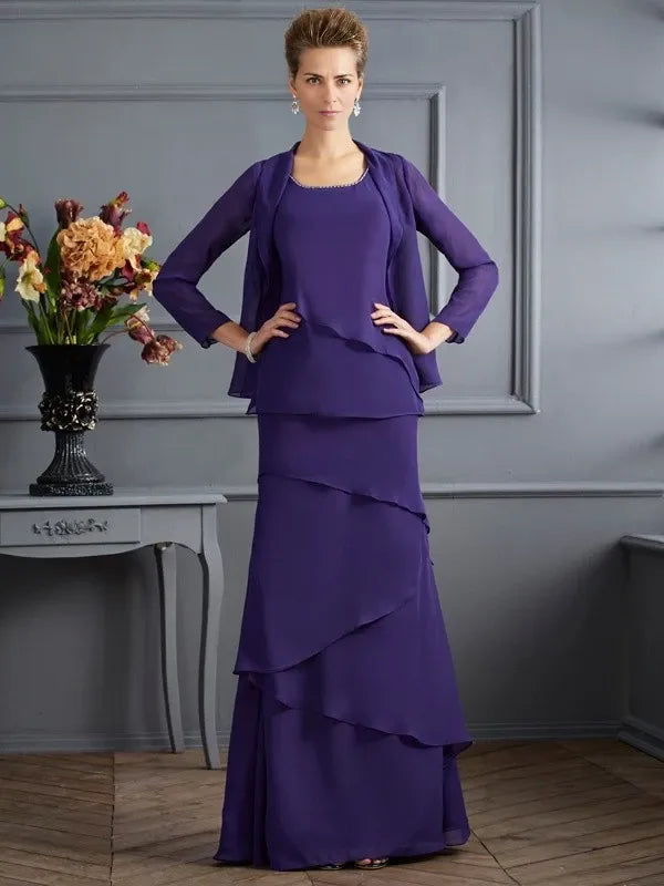 Chiffon Scoop Sleeveless Sheath Floor-Length With Ruffles Mother of the Bride Dresse