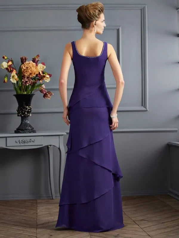 Chiffon Scoop Sleeveless Sheath Floor-Length With Ruffles Mother of the Bride Dresse