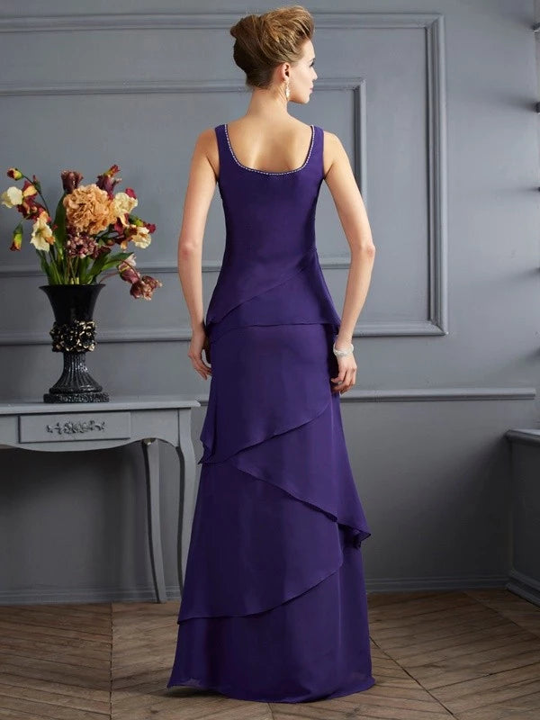 Chiffon Scoop Sleeveless Sheath Floor-Length With Ruffles Mother of the Bride Dresse