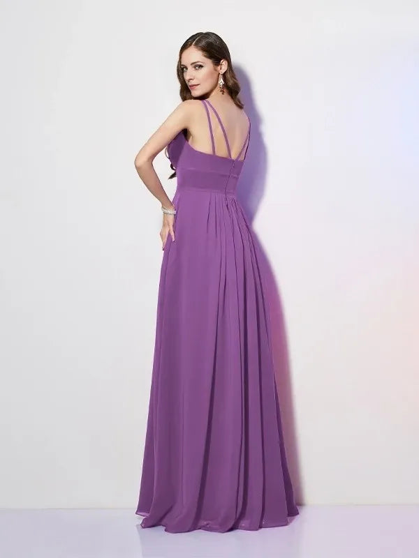 Chiffon Spaghetti Straps Sleeveless Sheath Floor-Length With Pleats Bridesmaid Dresses