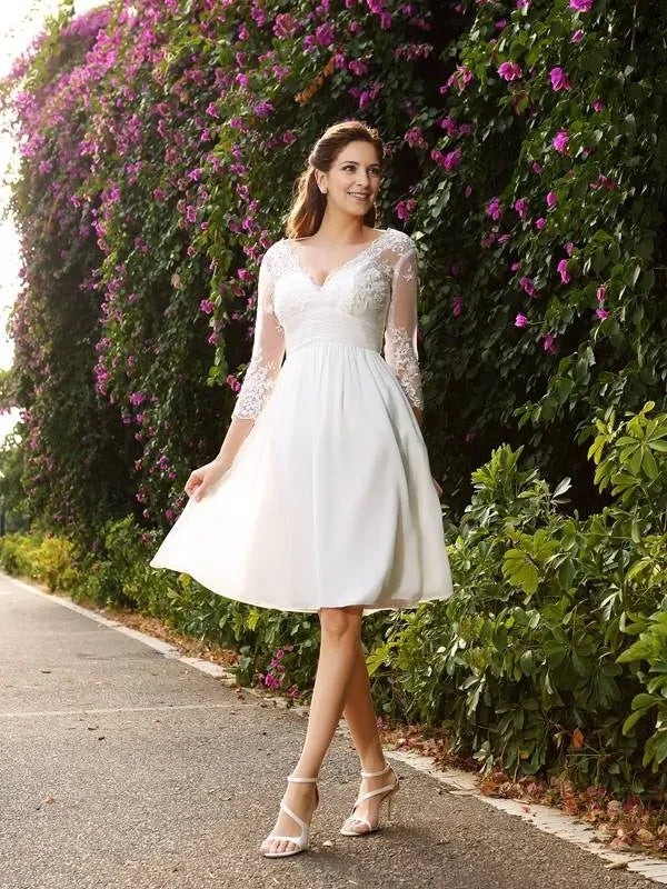 Chiffon V-neck Long Sleeves Knee-Length With Lace Prom Dress