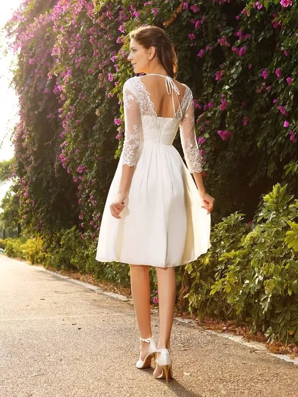 Chiffon V-neck Long Sleeves Knee-Length With Lace Prom Dress