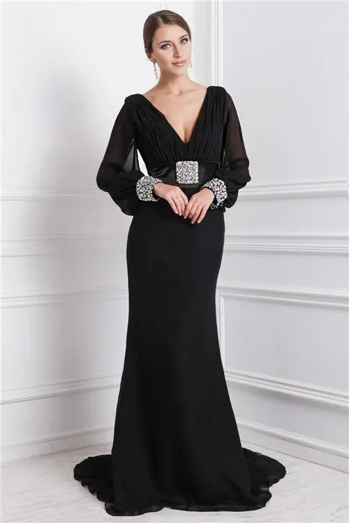 Chiffon V-neck Long Sleeves Mermaid Sweep Train With Beading Dresses