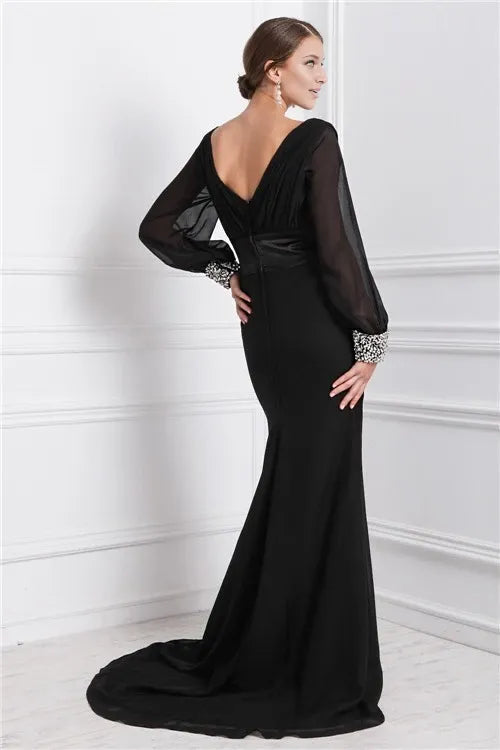 Chiffon V-neck Long Sleeves Mermaid Sweep Train With Beading Dresses