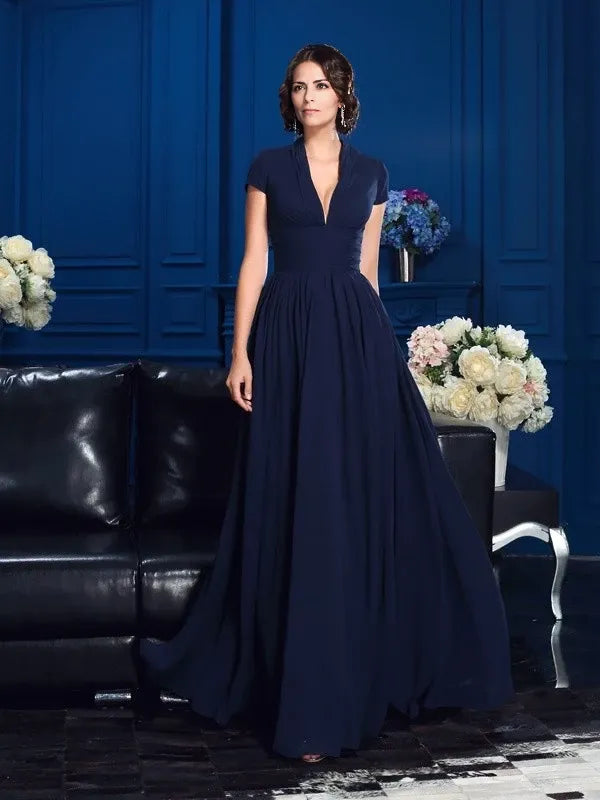 Chiffon V-neck Short Sleeves A-Line Floor-Length With Applique Mother of the Bride Dresse