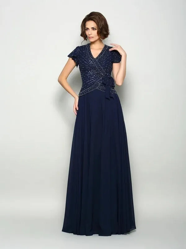 Chiffon V-neck Short Sleeves A-Line Floor-Length With Beading Mother of the Bride Dresses