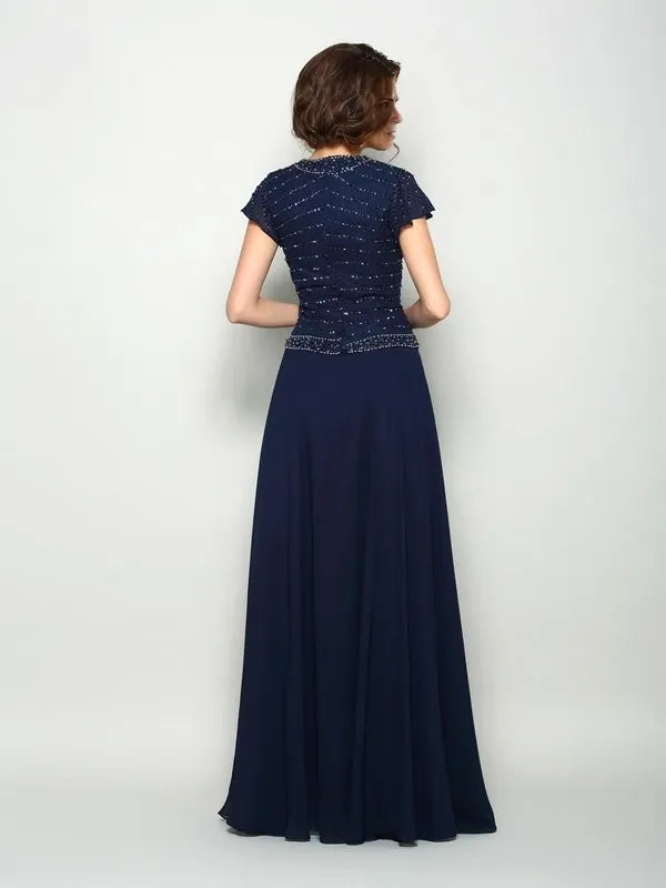 Chiffon V-neck Short Sleeves A-Line Floor-Length With Beading Mother of the Bride Dresses