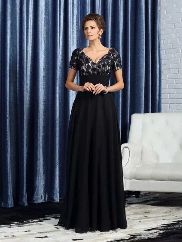 Chiffon V-neck Short Sleeves A-Line Floor-Length With Lace Mother of the Bride Dresses