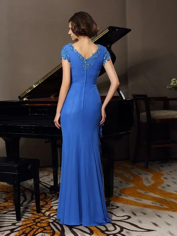 Chiffon V-neck Short Sleeves Floor-Length A-Line With Beading Mother of the Bride Dresses