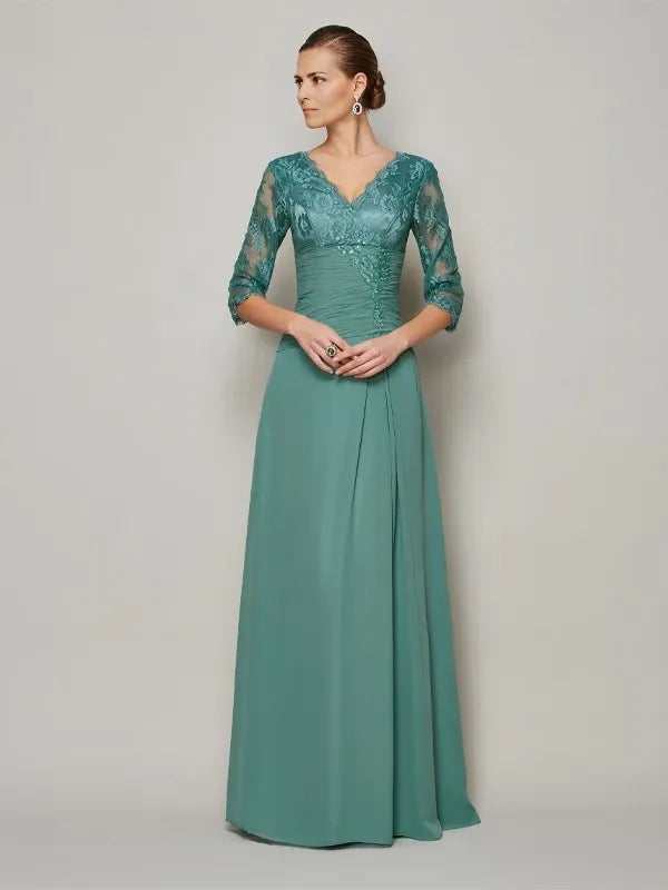 Chiffon V-neck Short Sleeves Floor-Length With Lace Mother of the Bride Dresses