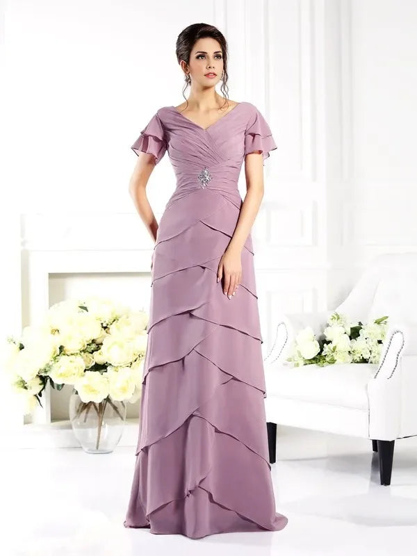 Chiffon V-neck Short Sleeves  Sheath Floor-Length With Layers Mother of the Bride Dresses