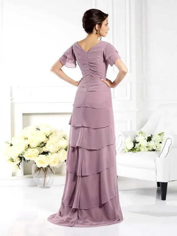 Chiffon V-neck Short Sleeves  Sheath Floor-Length With Layers Mother of the Bride Dresses