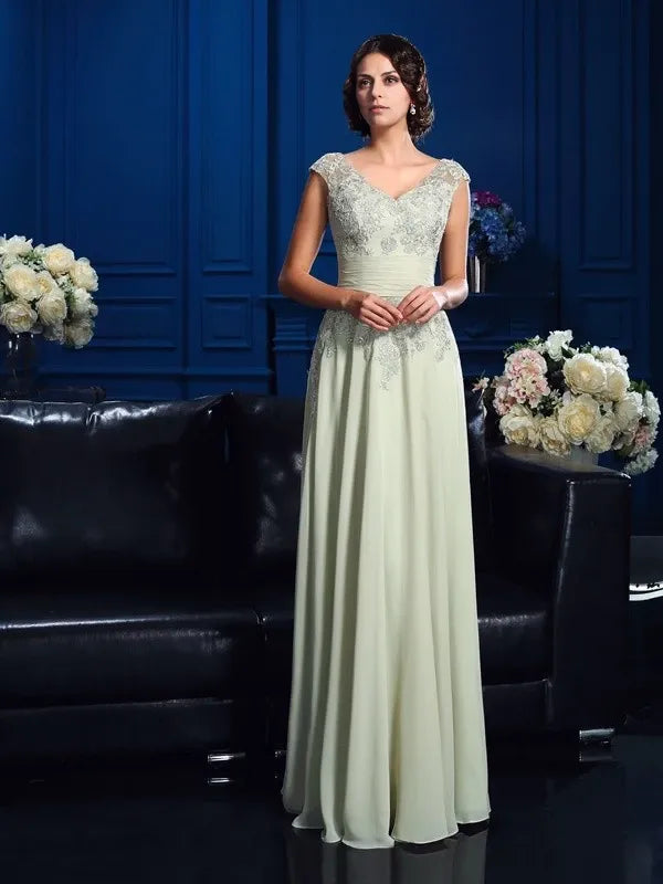 Chiffon V-neck Sleeveless A-Line Floor-Length With Applique Mother of the Bride Dresses